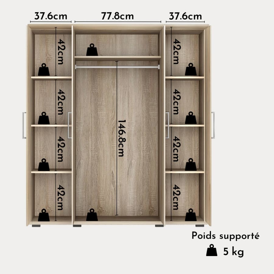Armoire 4 portes 7 &eacute;tag&egrave;res et penderie couleur ch&ecirc;ne clair